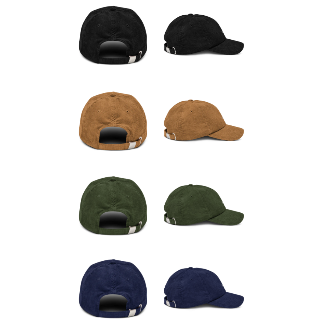 All available corduroy cap colours shown together, black, camel, dark olive and oxford navy