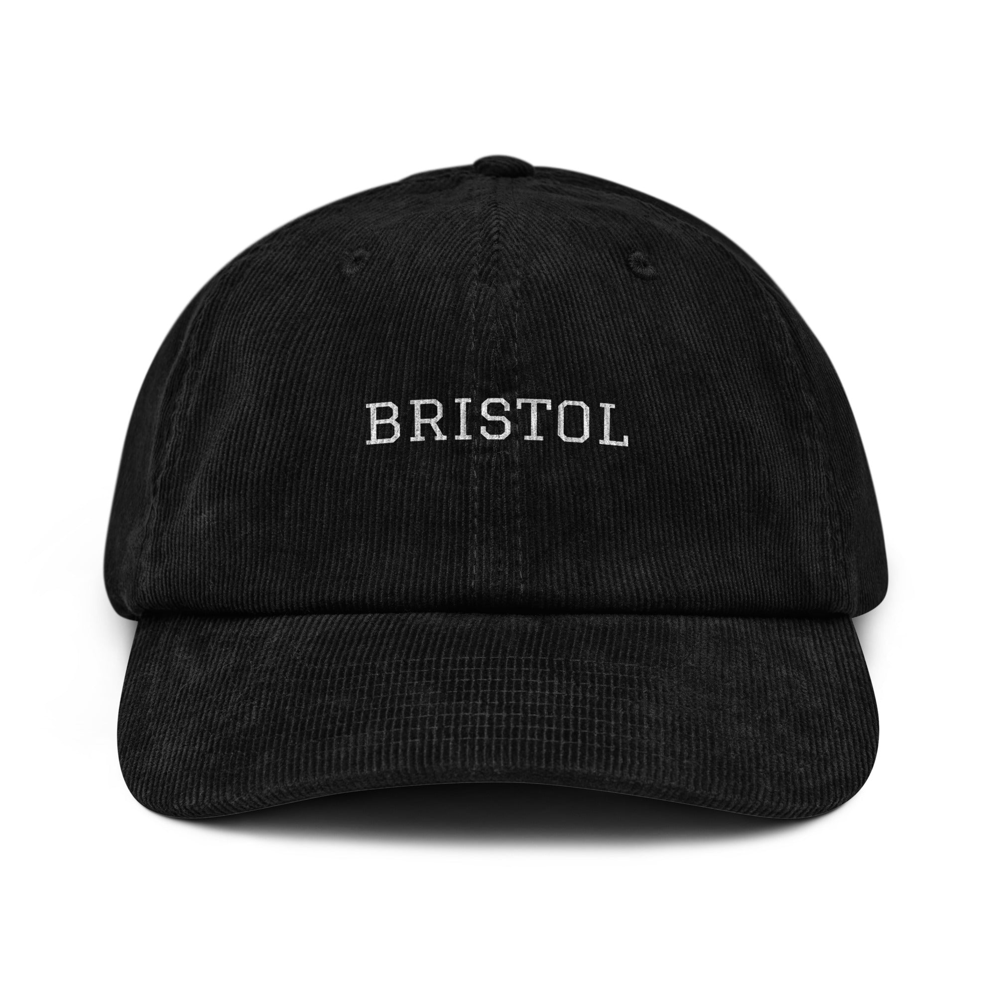 Picture of a black corduroy cap with the word Bristol on the front.