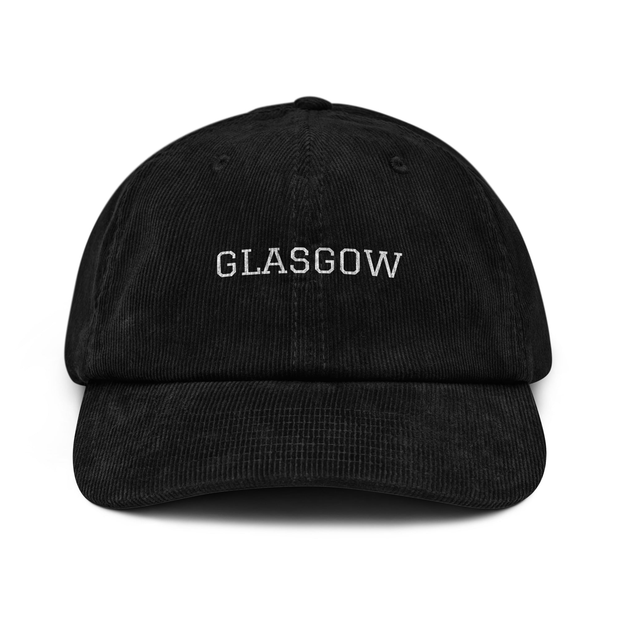 Picture of a oxford navy corduroy cap with the word Glasgow on the front.