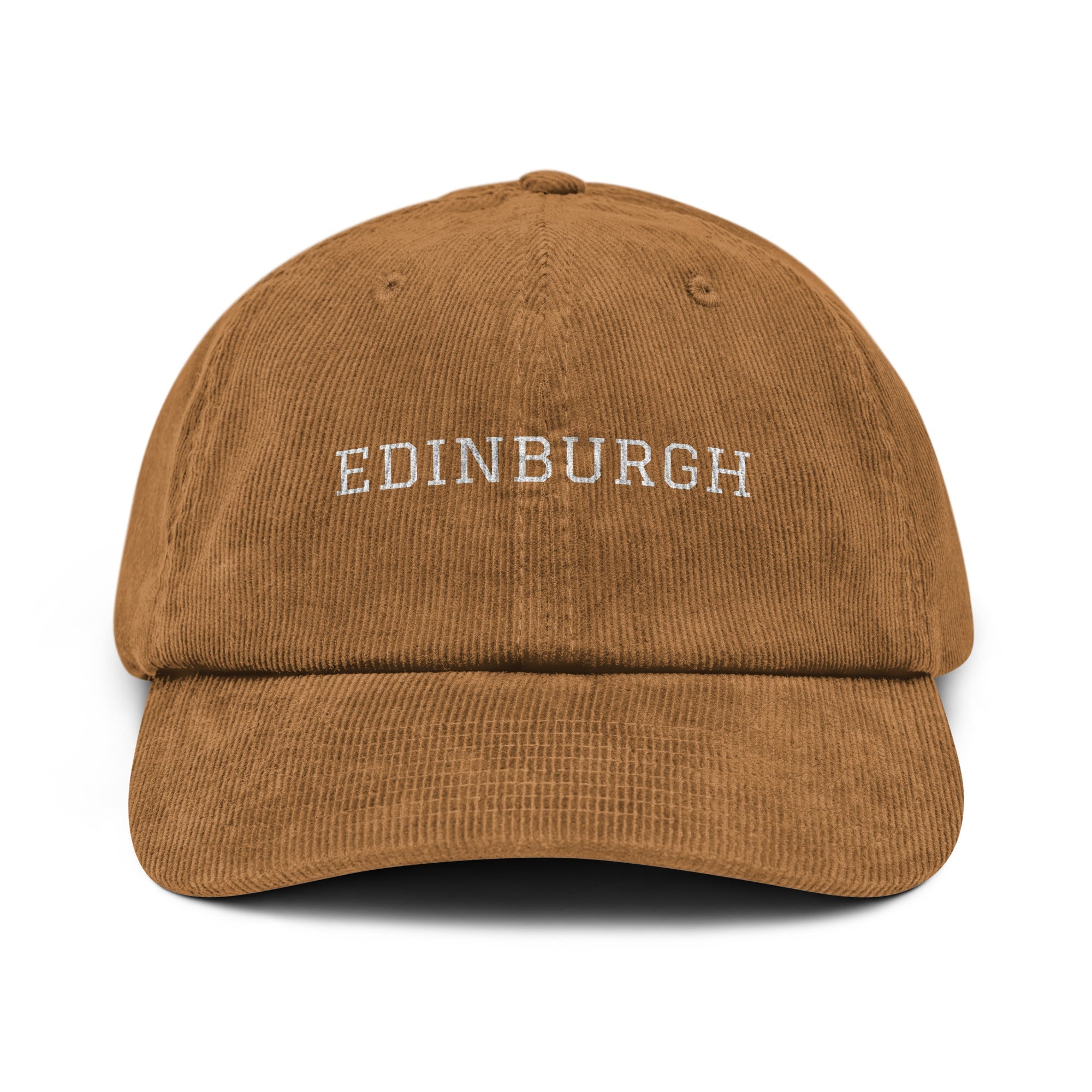 Picture of a black corduroy cap with the word Edinburgh on the front.