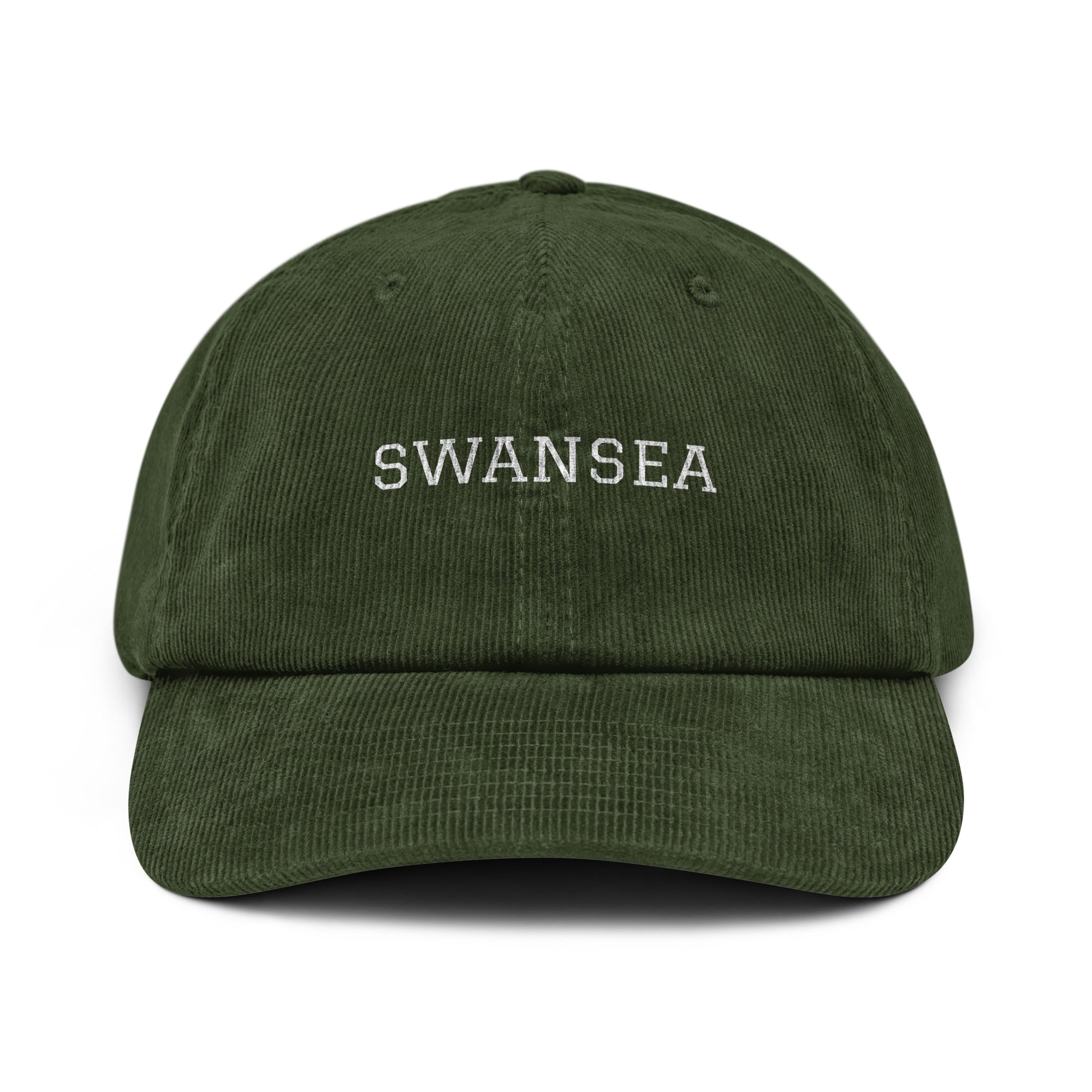 Picture of a dark olive corduroy cap with the word Swansea on the front.