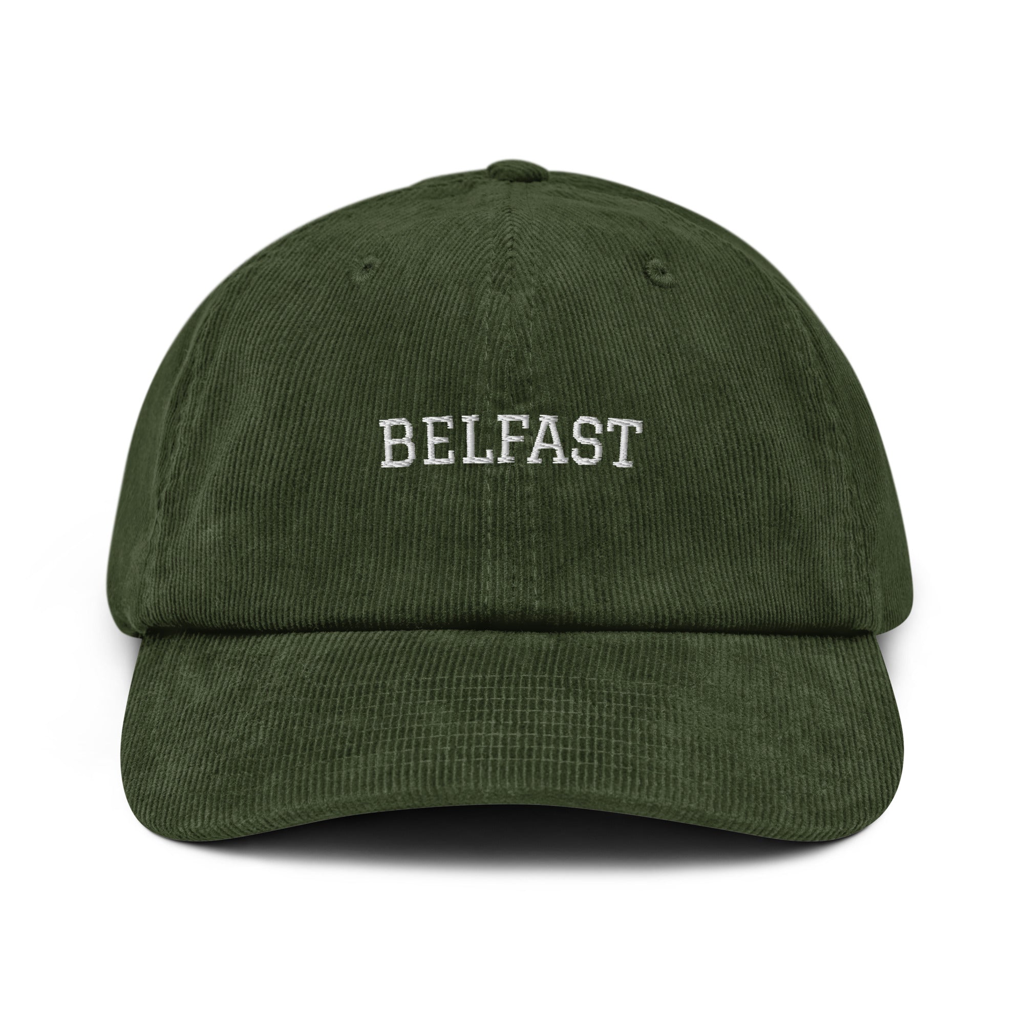 Dark olive Belfast corduroy cap by Rorium Emporium, featuring a classic design and structured fit.