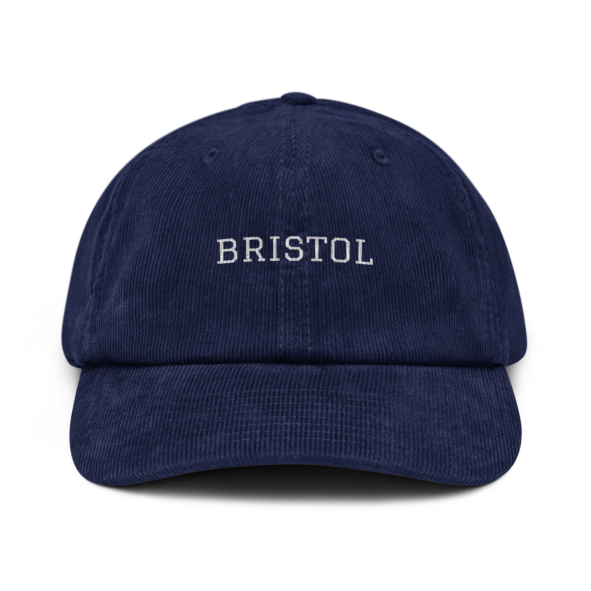Picture of a oxford navy corduroy cap with the word Bristol on the front.