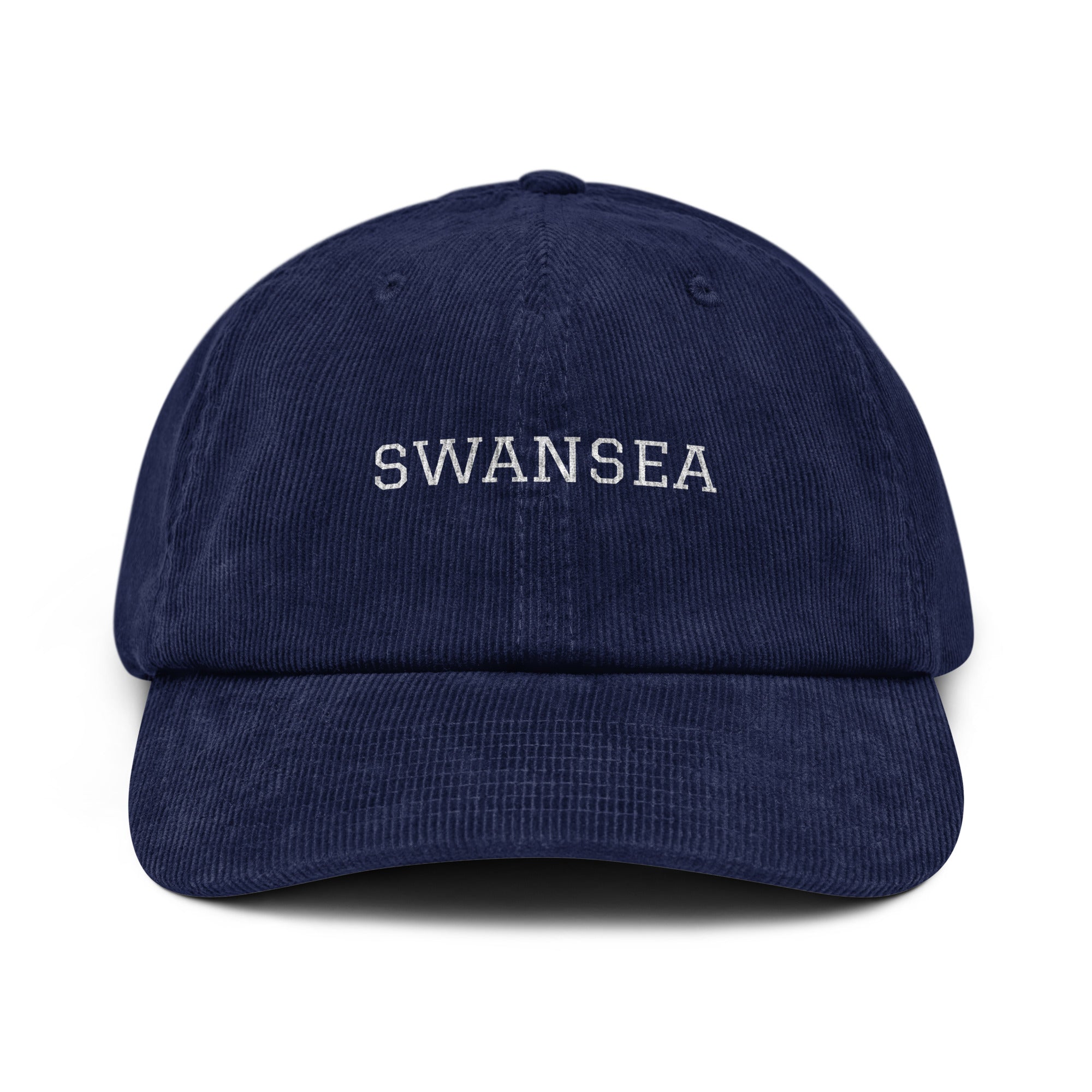 Picture of a black corduroy cap with the word Swansea on the front.