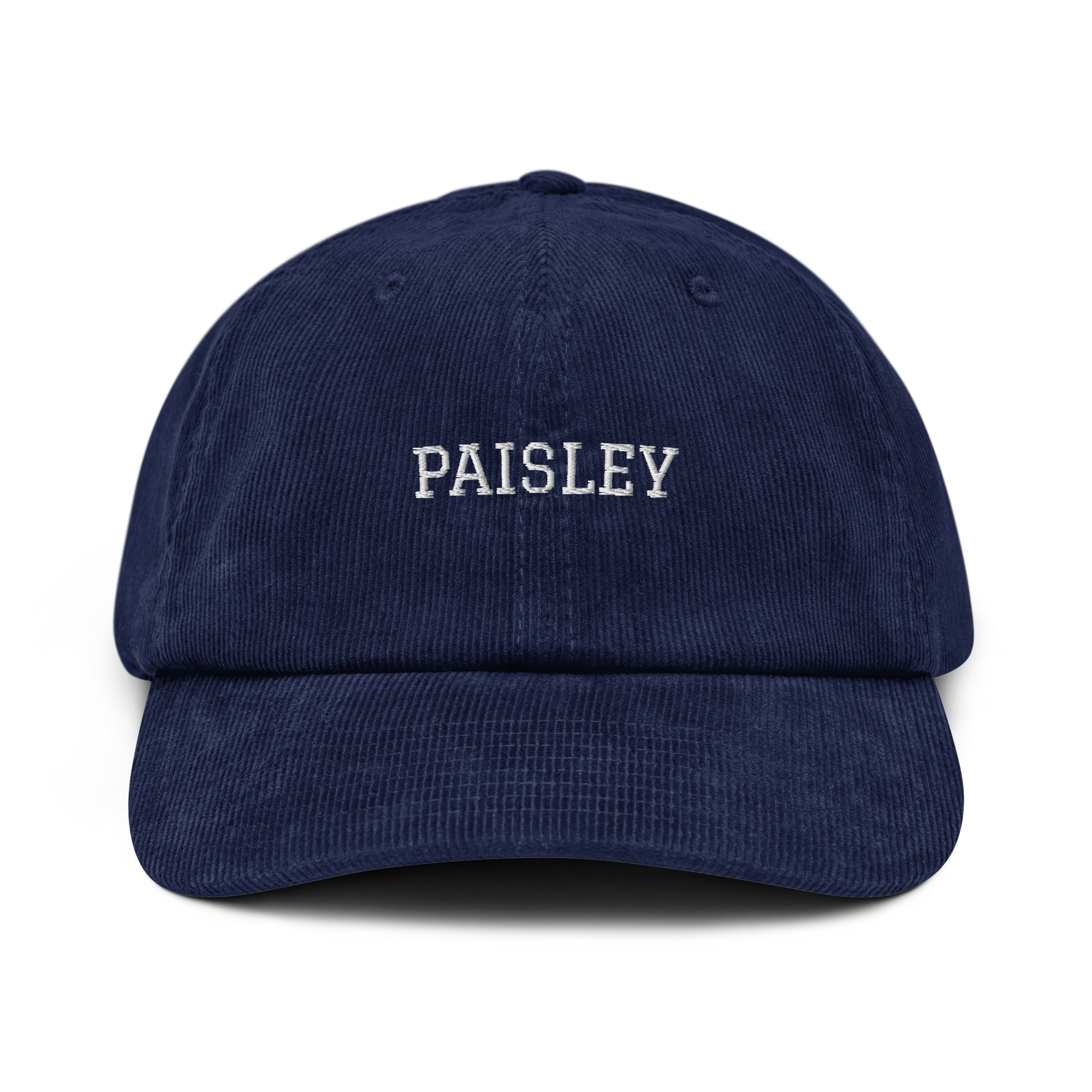 Navy paisley corduroy cap from Rorium Emporium with a classic front design and textured fabric.
