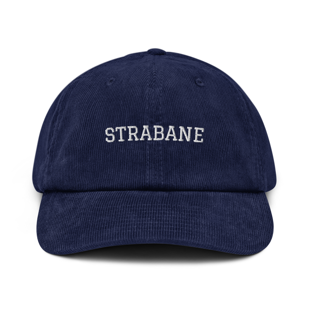 Navy blue Strabane corduroy cap from Rorium Emporium with a classic front design and textured fabric.
