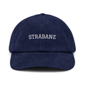 Navy blue Strabane corduroy cap from Rorium Emporium with a classic front design and textured fabric.